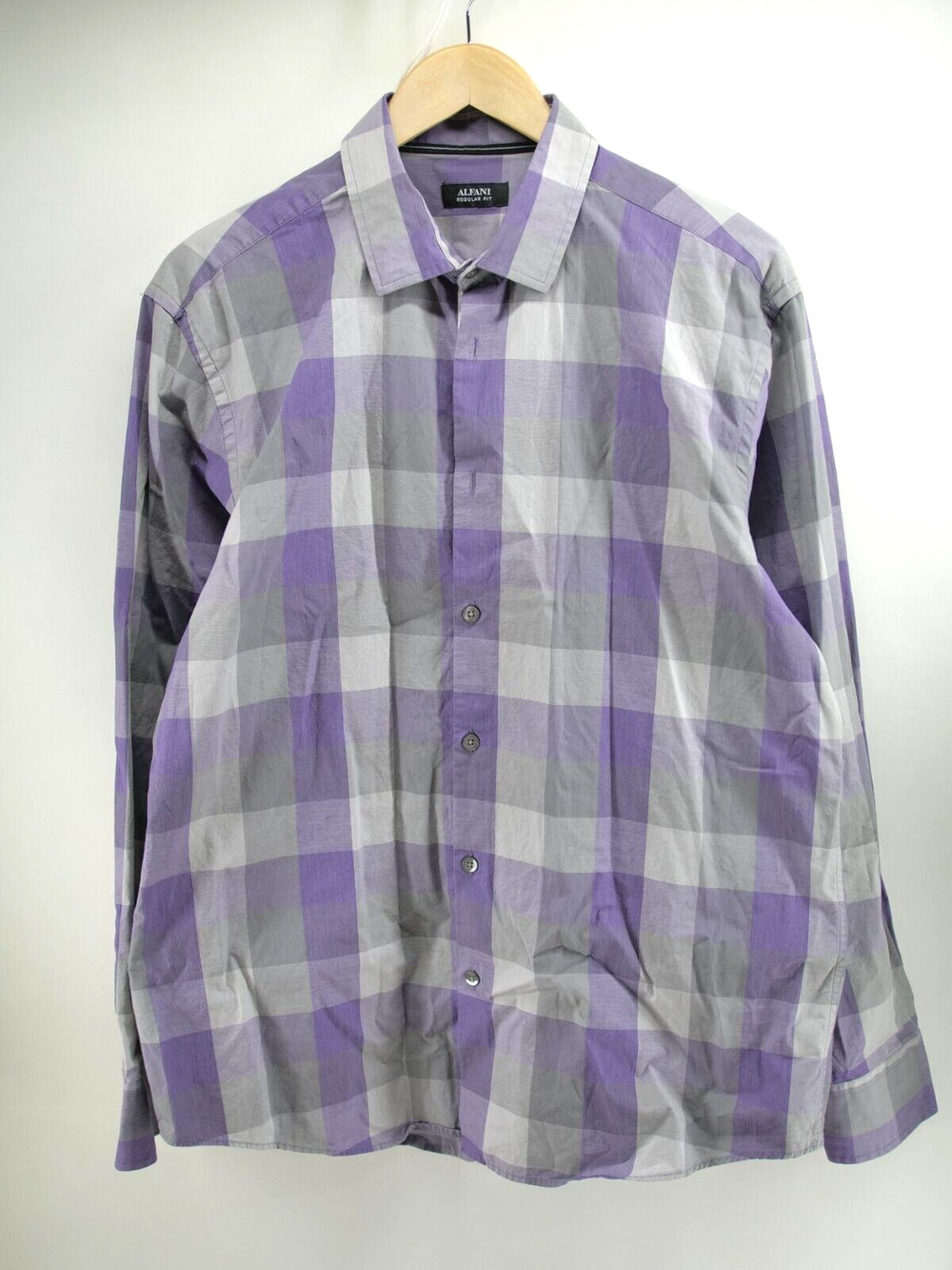 Alfani Button Up Check Regular Fit Shirt Mens Size L Purple Gray Long Sleeve